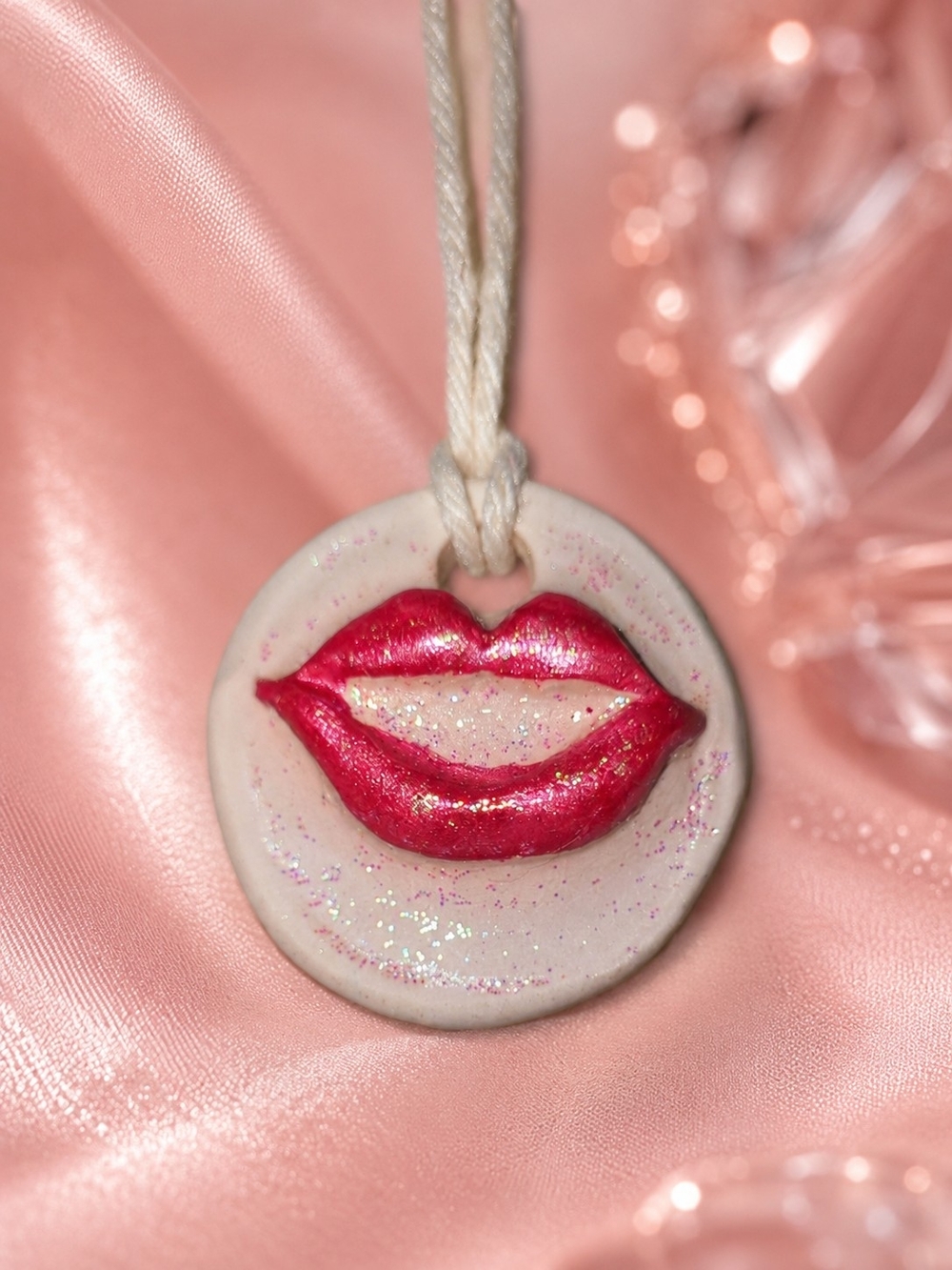 Handmade Red Lips Clay Pendant Necklace Boho Indie Wearable Art